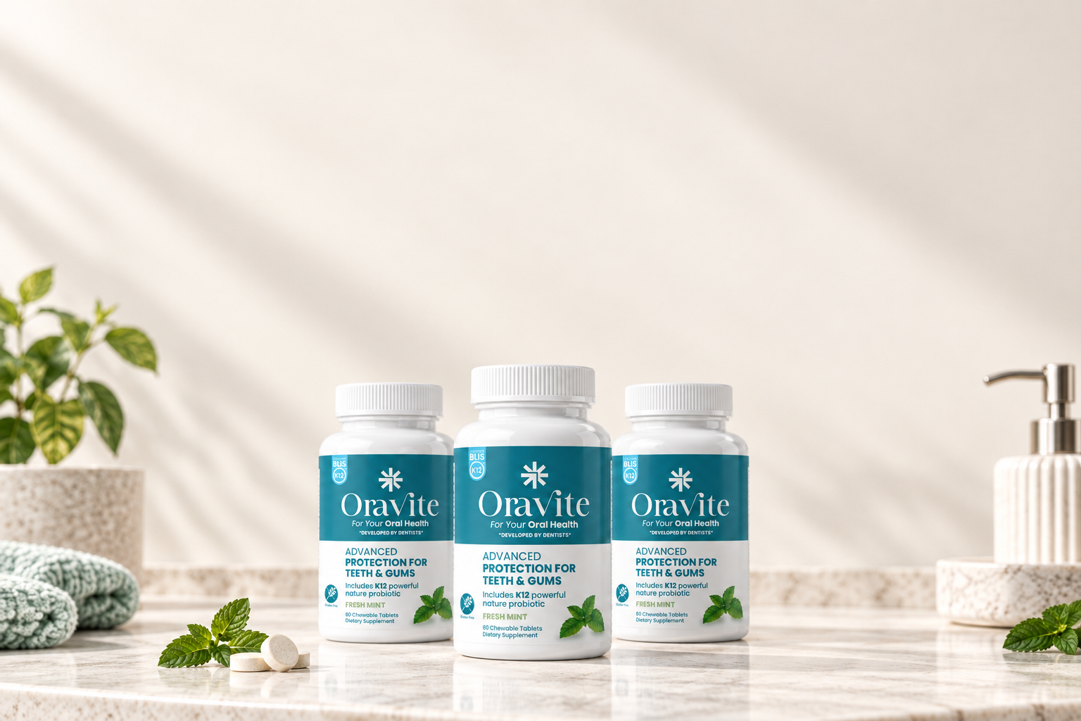Oravite packs on a sunlit stone bathroom counter