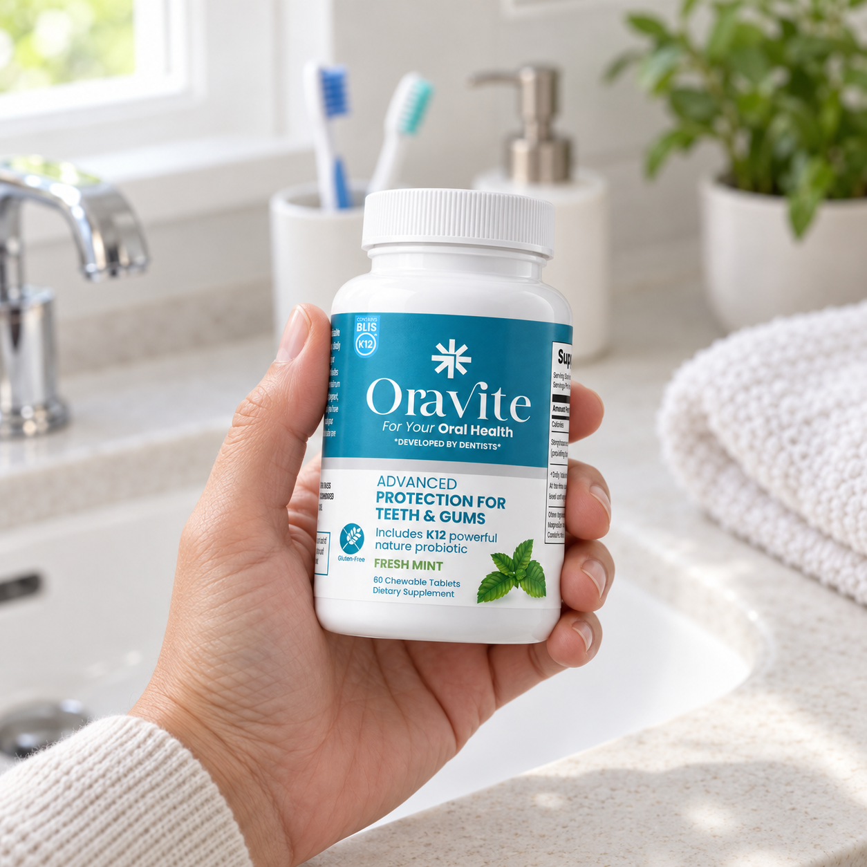 Oravite bottle held beside a bathroom sink, product concept